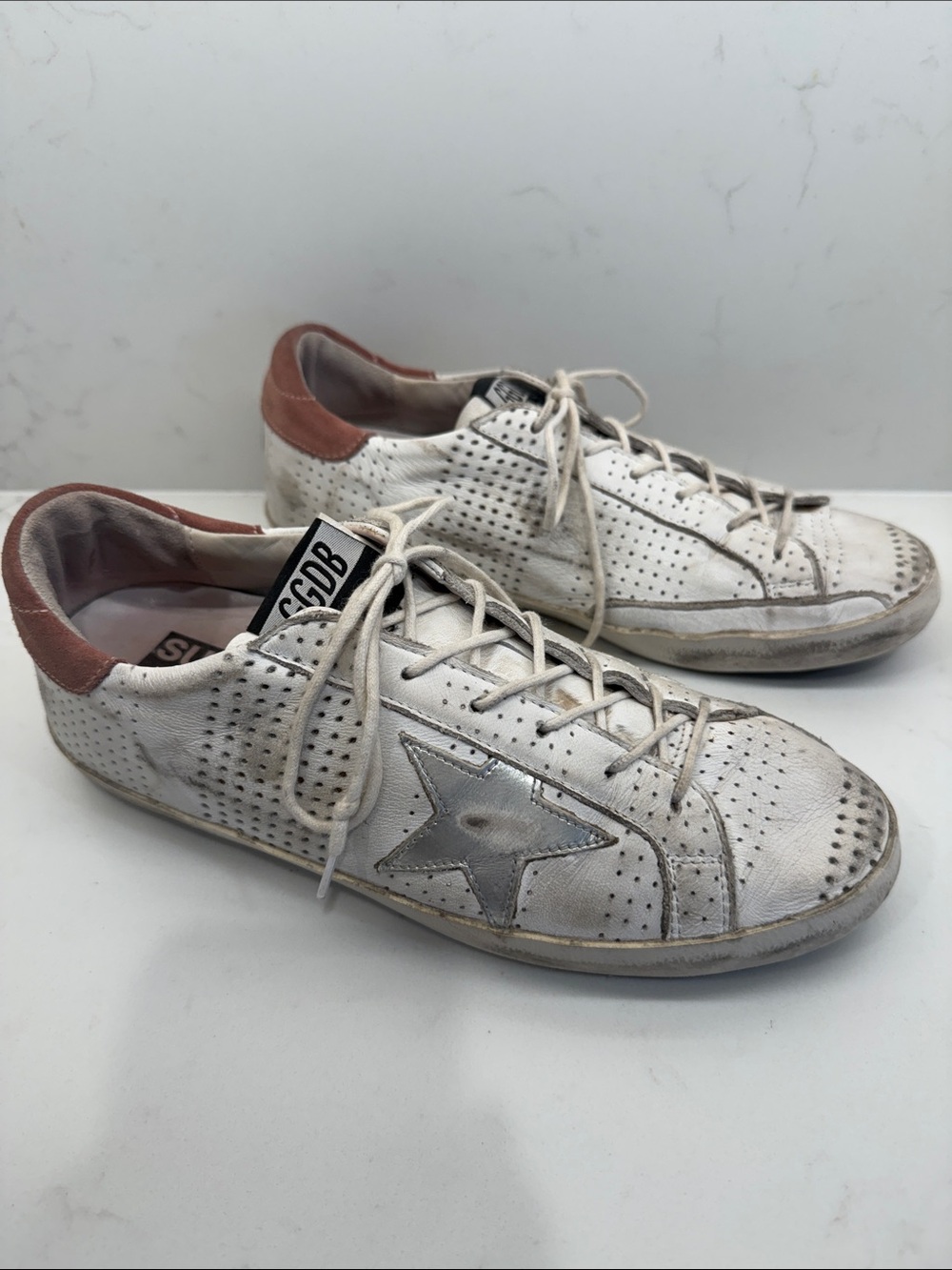 Golden Goose White Leather Low-Top Sneakers with Silver Star and Dusty Pink Heel